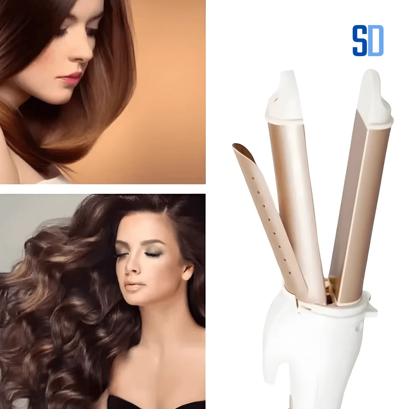 Modelos femininos com cabelos lisos e ondulados ao lado de modelador de cabelo triplo dourado