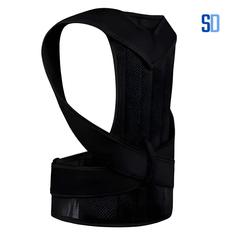 Colete de postura preto com alças largas e suporte lombar, ventilado e ergonômico