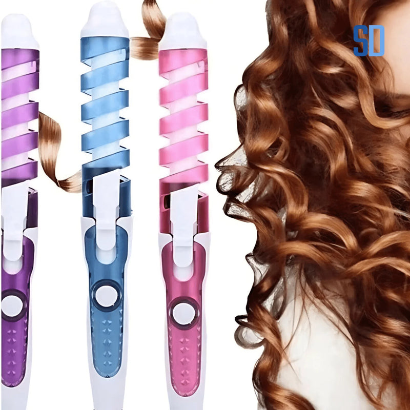 Modelador de cachos elétrico com cores rosa, azul e roxo e cabelo cacheado castanho