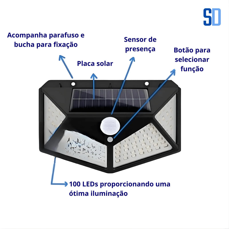 Luminária Solar 100 LEDs: Segurança e Economia com Sensor