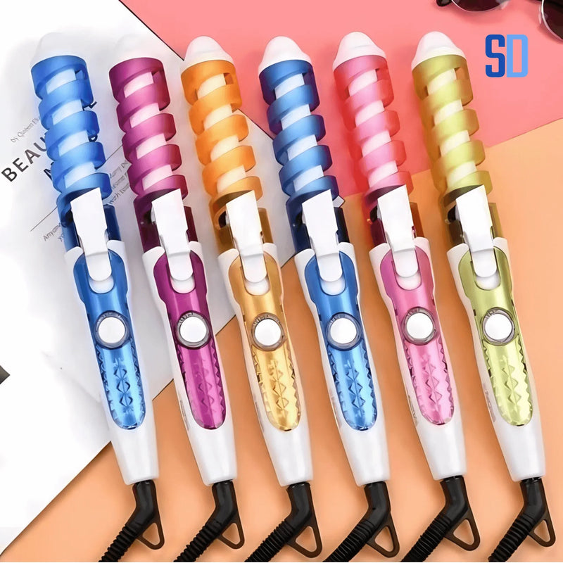 Modeladores de cabelo coloridos com design espiral em fundo laranja e branco