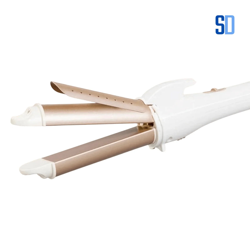 Modelador de cabelo triplos em branco e dourado com design moderno e placas aquecidas