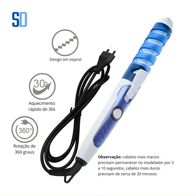 Modelador de cachos com design em espiral, aquecimento rápido de 30s e rotação de 360 graus