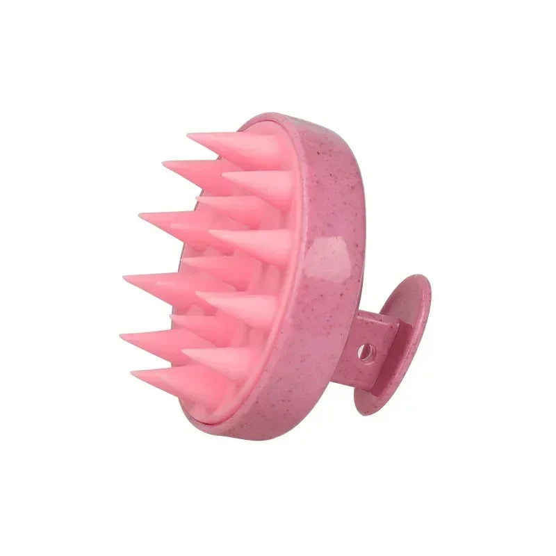 Escova de silicone rosa para massagem e limpeza do couro cabeludo com cerdas pontiagudas