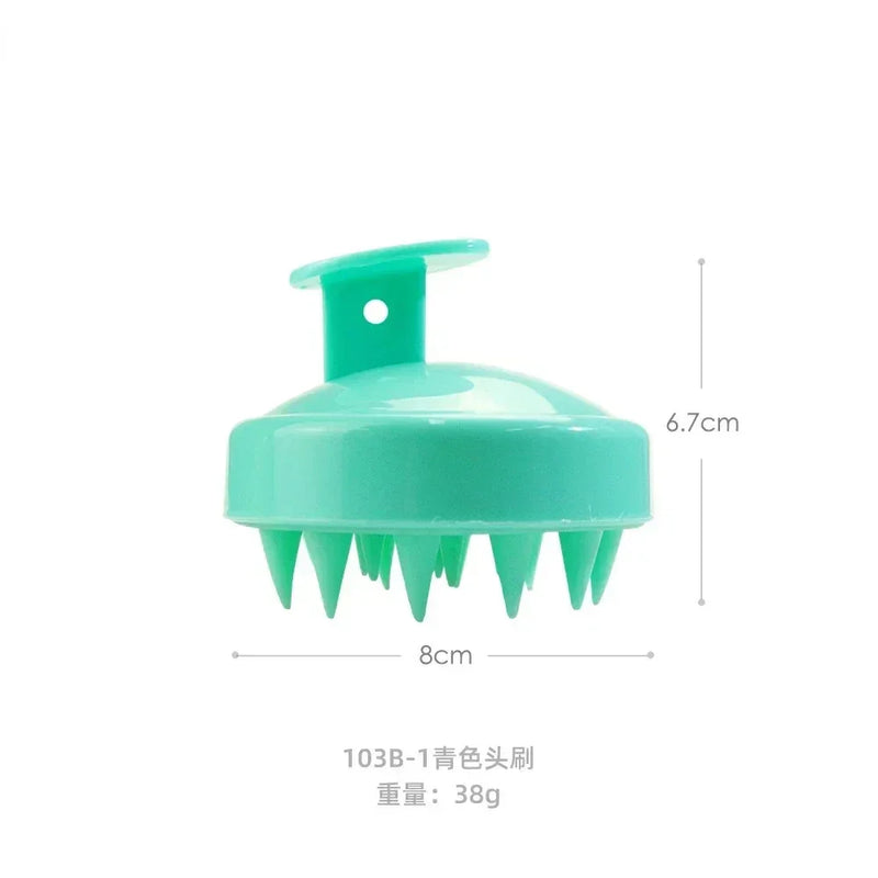Escova massageadora de couro cabeludo verde azulada com alça, dimensões 8x6,7 cm